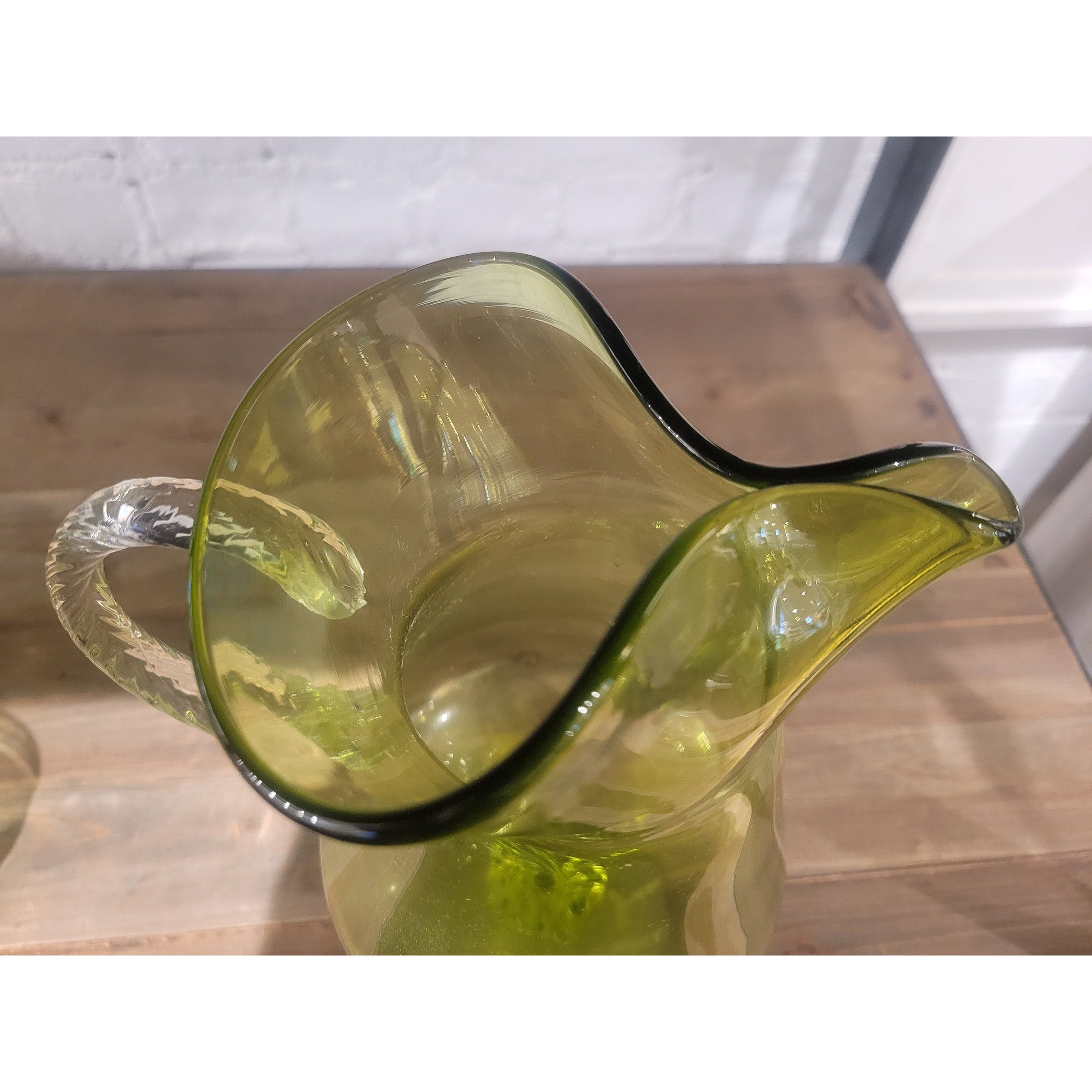 SET of Vintage Green Glass Drink Pitcher & 6 Glasses by Sasaki