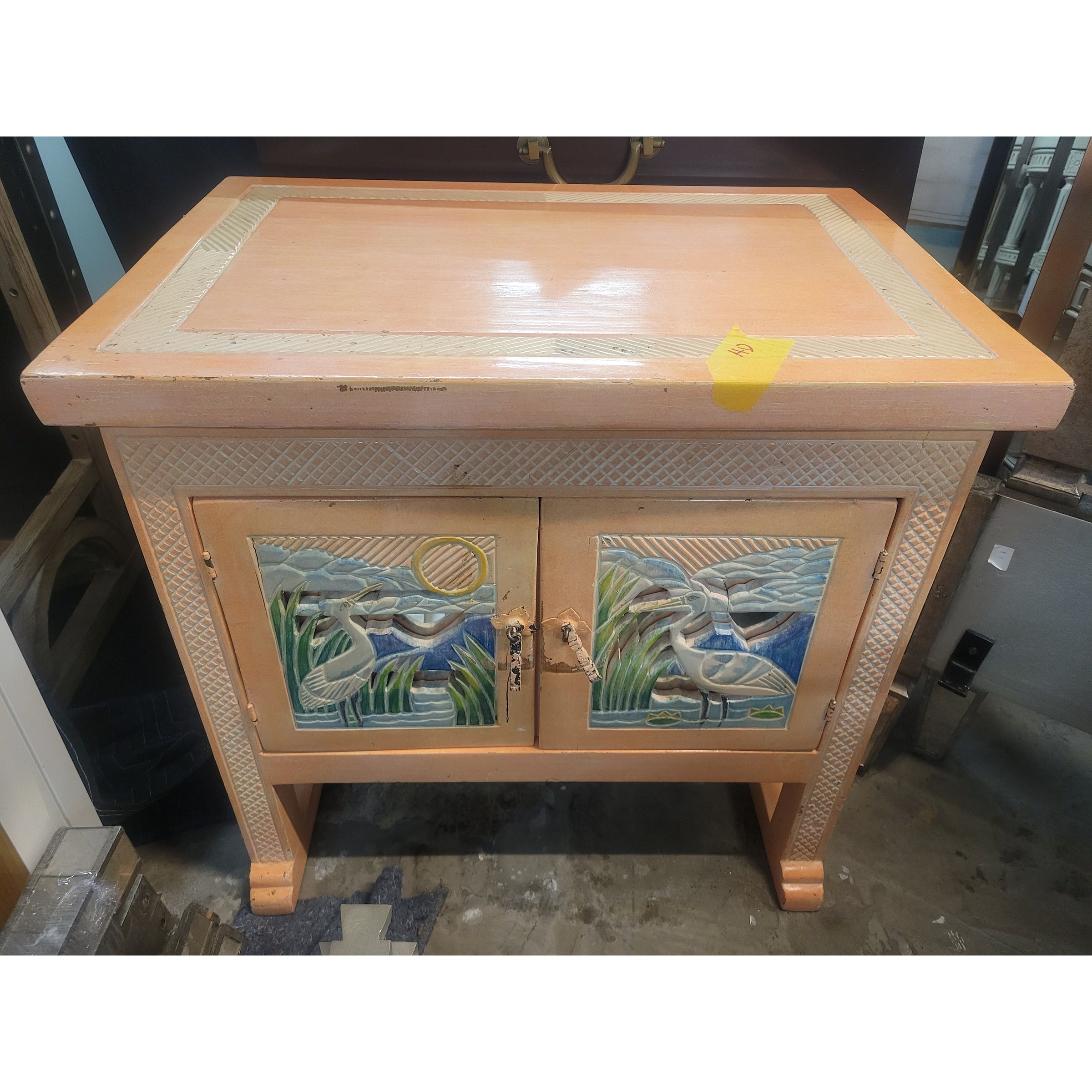 Vintage Pink Nightstand w/ Everglades Crane Design - colletteconsignment.com
