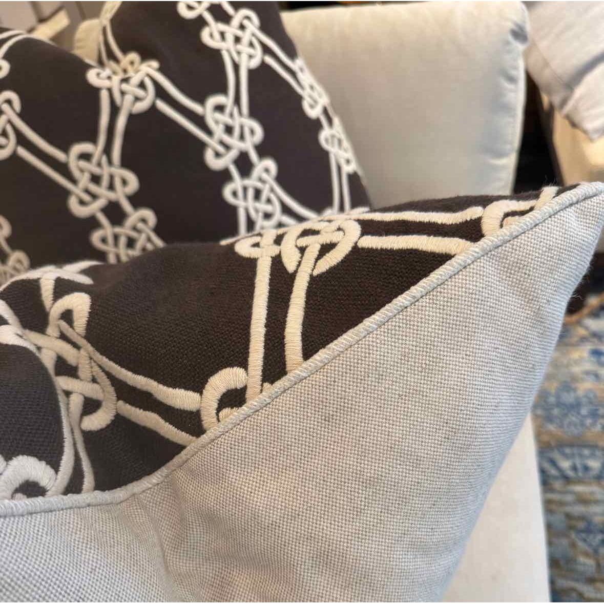 PAIR of Custom Brown & Off-White Nautical Knots Embroidered Square Pillows