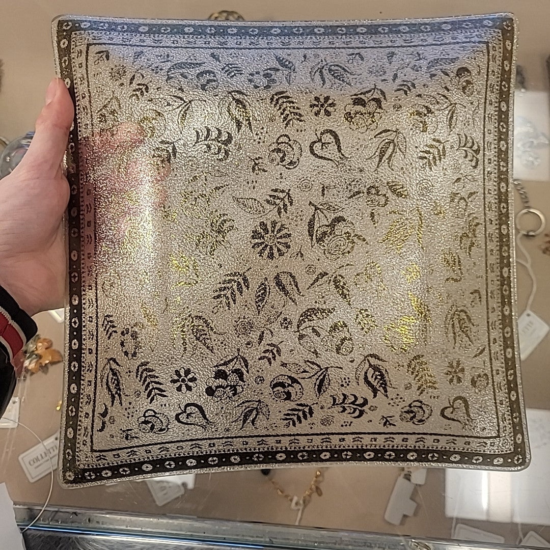 Georges Briard Floral Gold Glass Square Platter