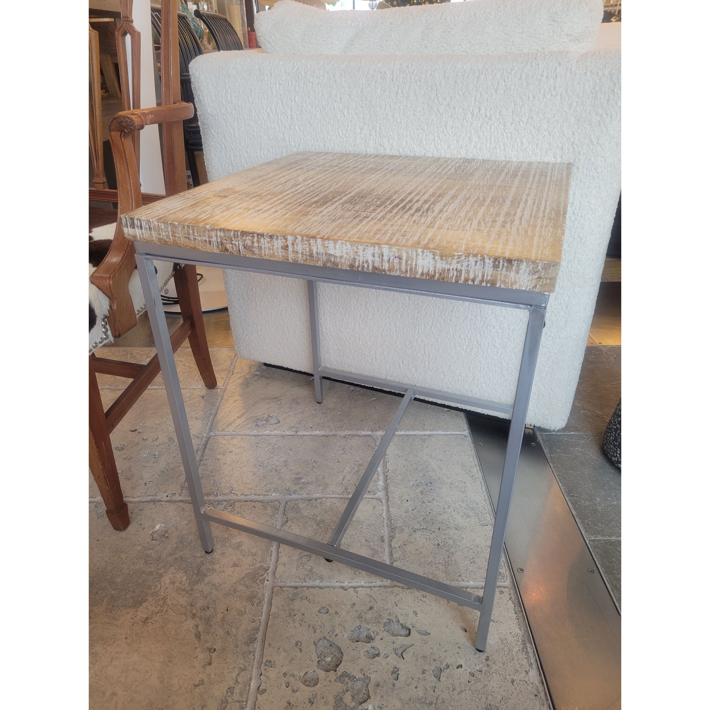 Wood Top Side Table on Brushed Metal Base