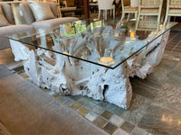 Bleached Teak Live Edge Coffee Table w/ Square Glass Top