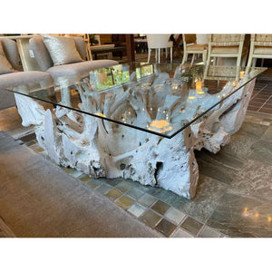 Bleached Teak Live Edge Coffee Table w/ Square Glass Top