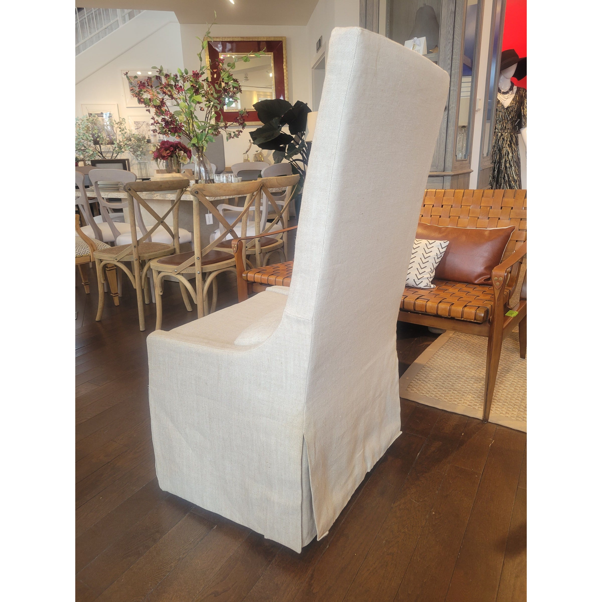 PAIR of Belgian Slipcover Highback Dining Chairs on Casters by RH (AS IS) - colletteconsignment.com