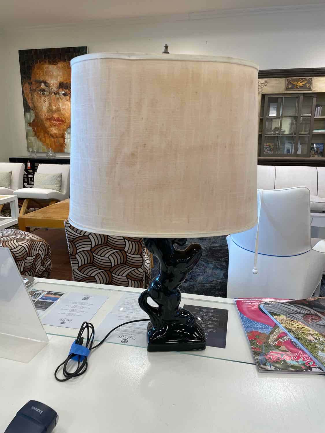 Mid-Century Black Ceramic Horse Table Lamp w/ Shade (AS IS)