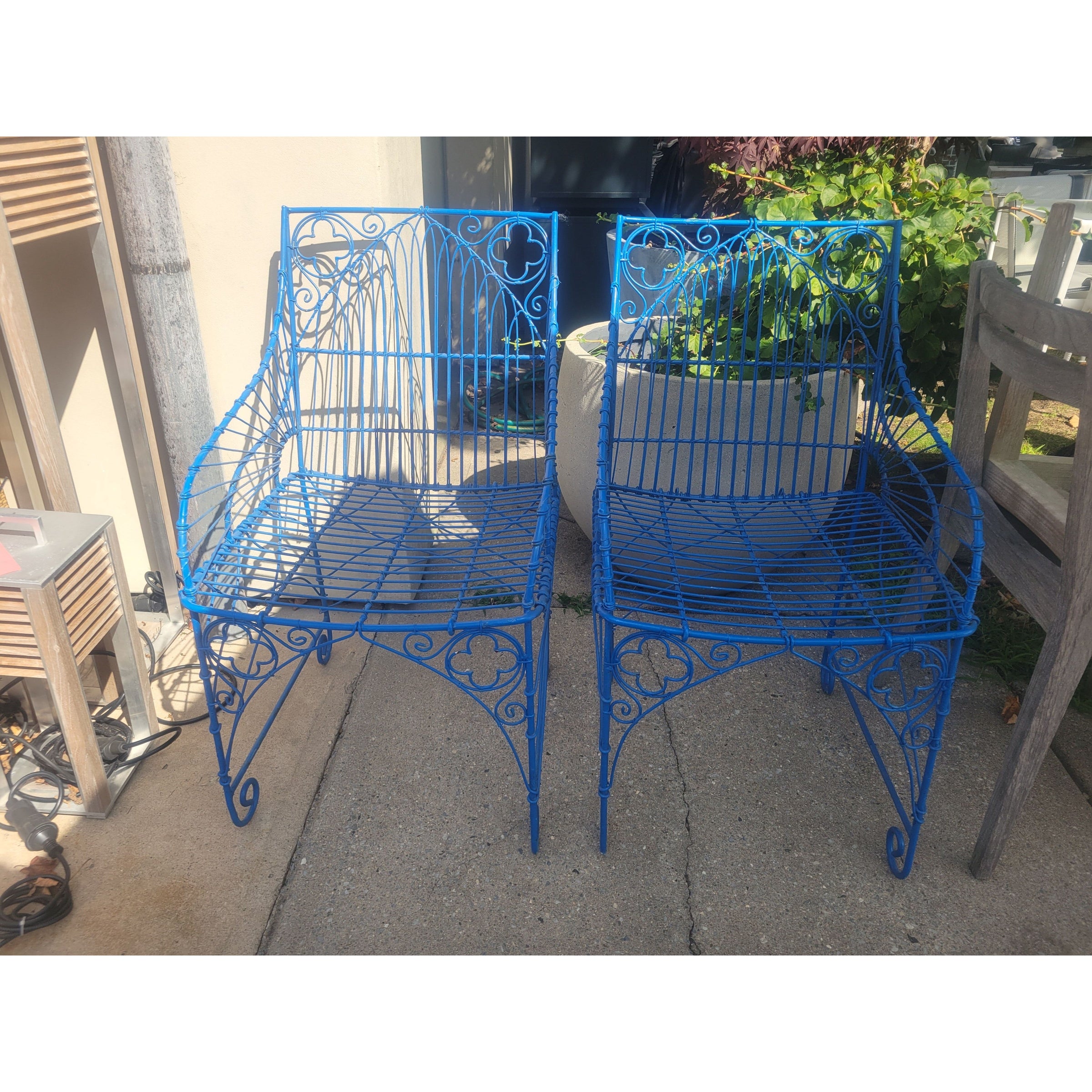 PAIR of Blue Scrolled Pattern Iron Wire Chairs - AS IS