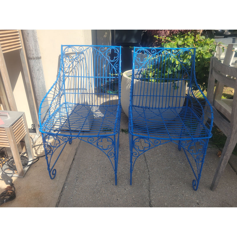 PAIR of Blue Scrolled Pattern Iron Wire Chairs - AS IS