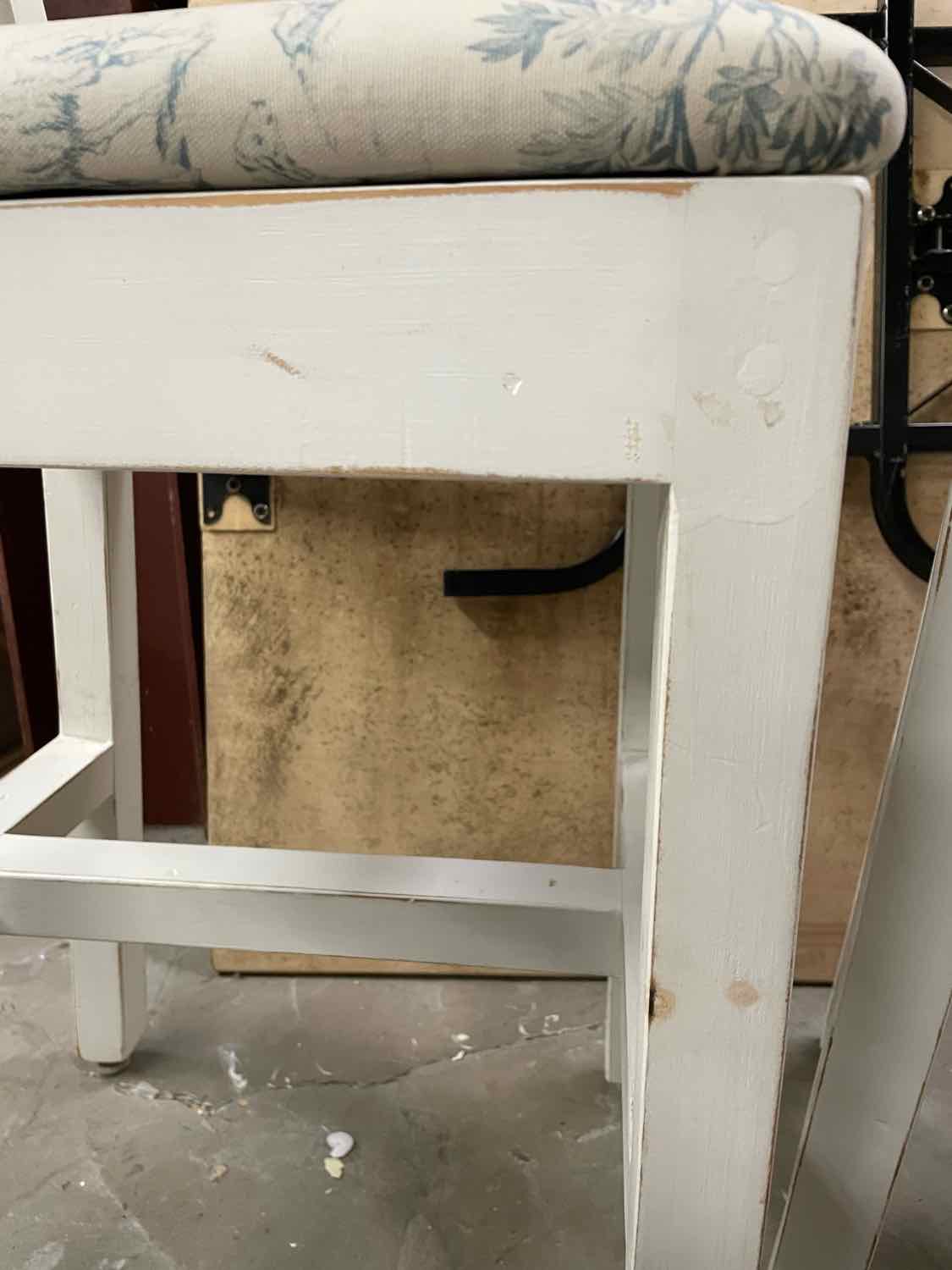 SET of 3 Vintage White Counter Stools w/ Toile Seat Cushions (AS IS)