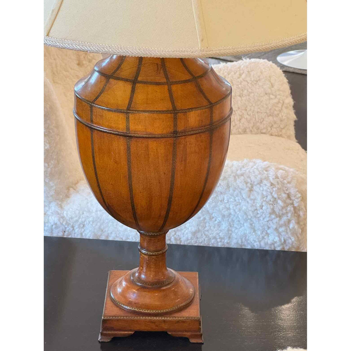 Vintage Trophy Shaped Wood Lamp w/ Chain Pattern 20"Diam X 34"H