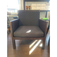 Dark Wood Angular Chair w/ Black Mesh Back - colletteconsignment.com
