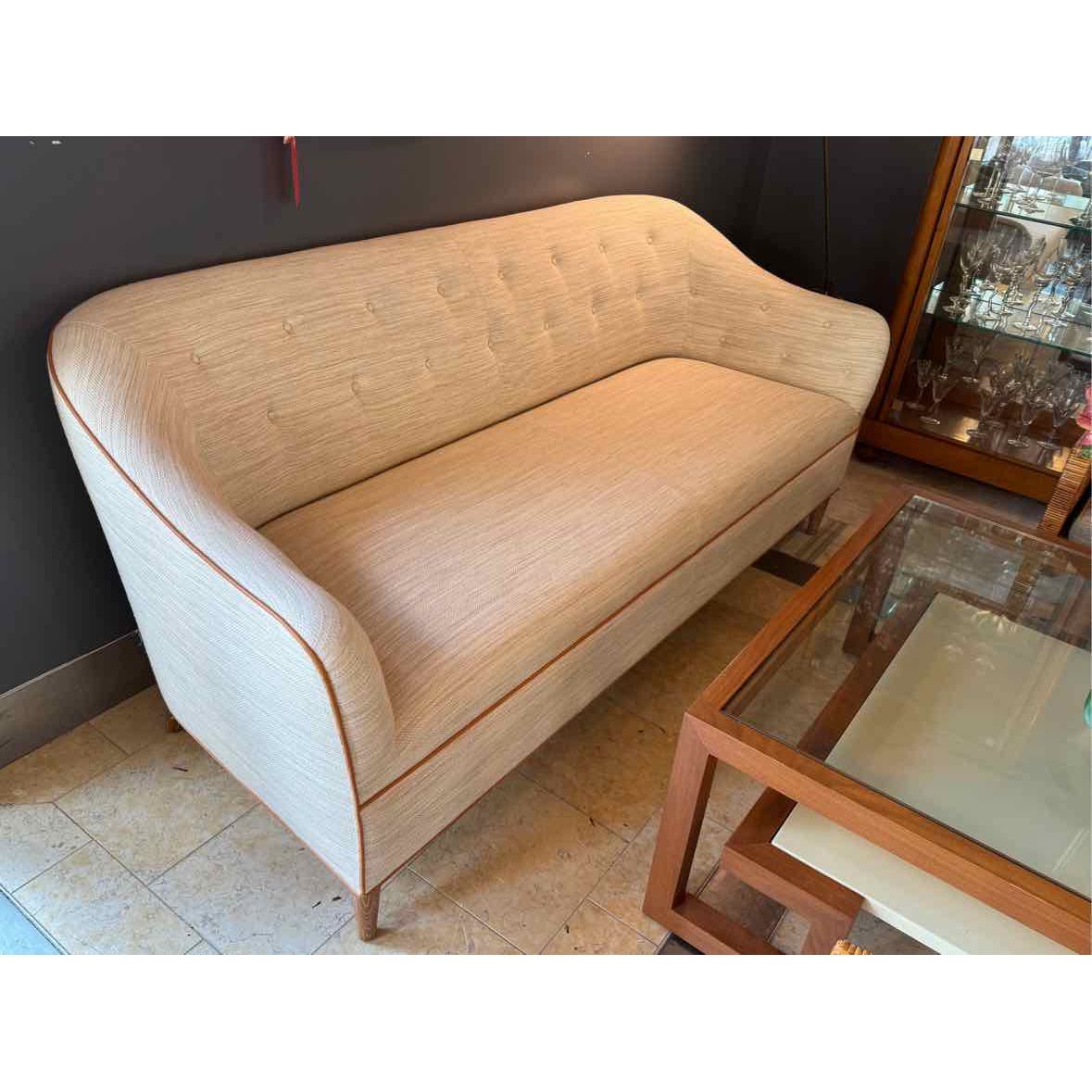 Ludvig Pontoppidan Style Off-White Linen Sofa w/ Leather Piping