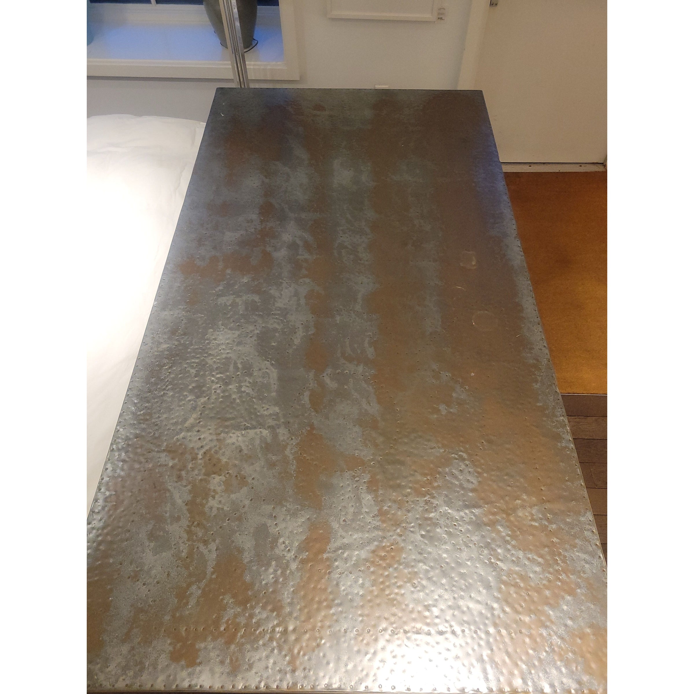 7-ft Metal Wrapped Top Trestle Dining Table on Natural Wood Base - colletteconsignment.com