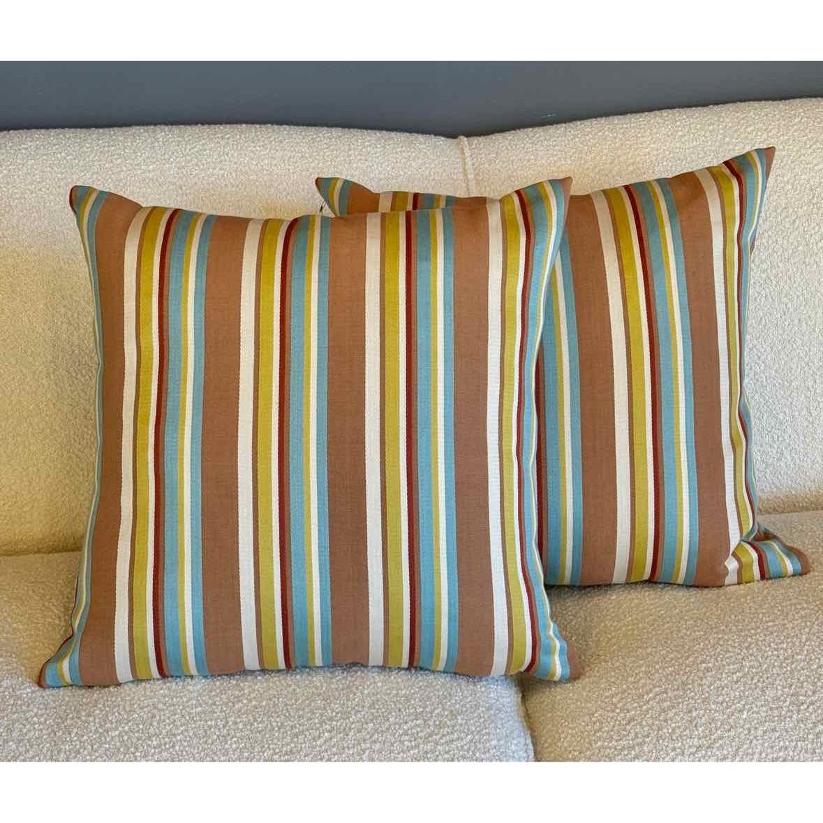 Pair of Square Sunbrella Pillows w/ Blue & Brown Stripe Pattern