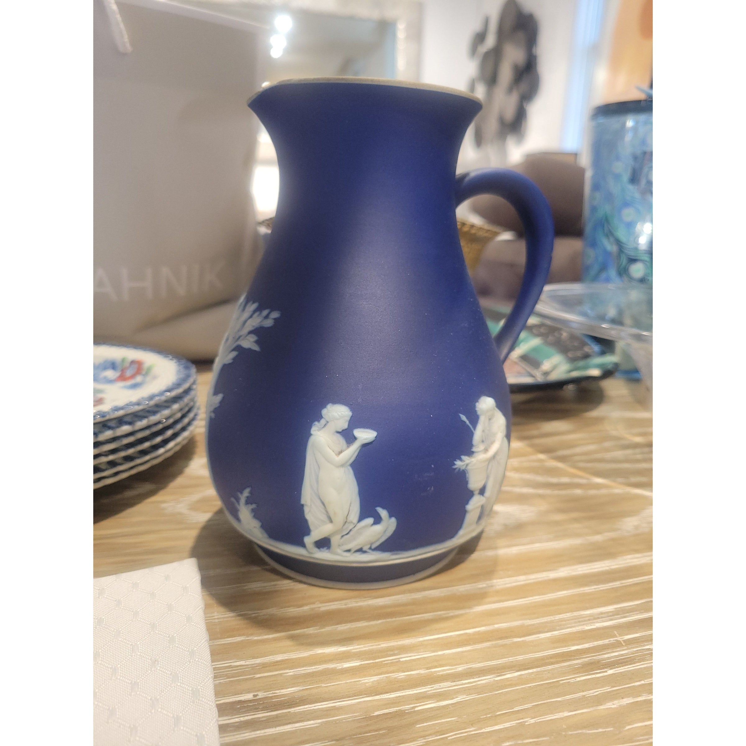 Wedgwood Style Blue Ceramic Pitcher - colletteconsignment.com