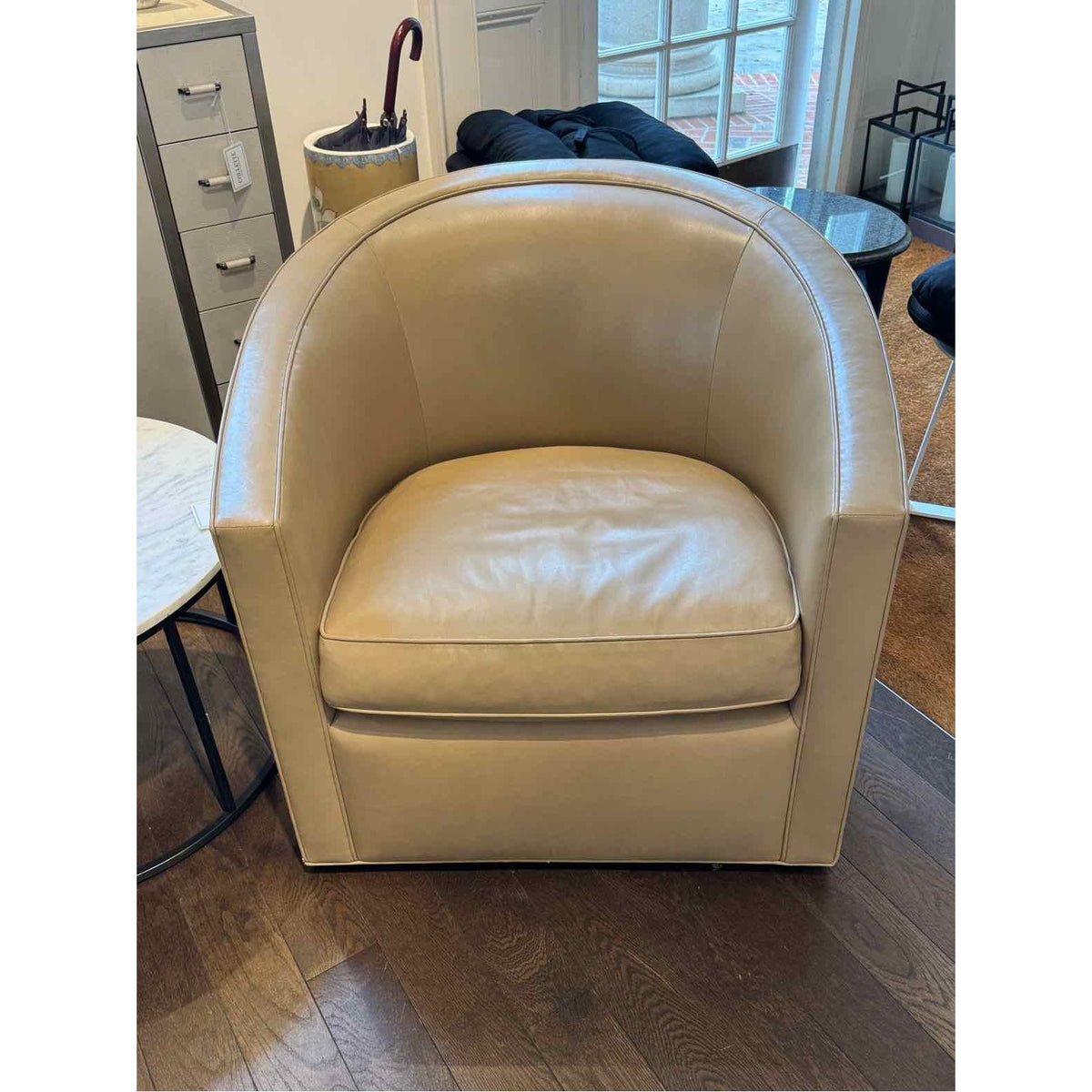Pair of A.Rudin # 761 Light Beige Smooth Leather Barrel-Back Swivel Chairs 33"W