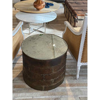 Vintage Metal Drum Coffee Table w/ Antiqued Mirror Glass Top
