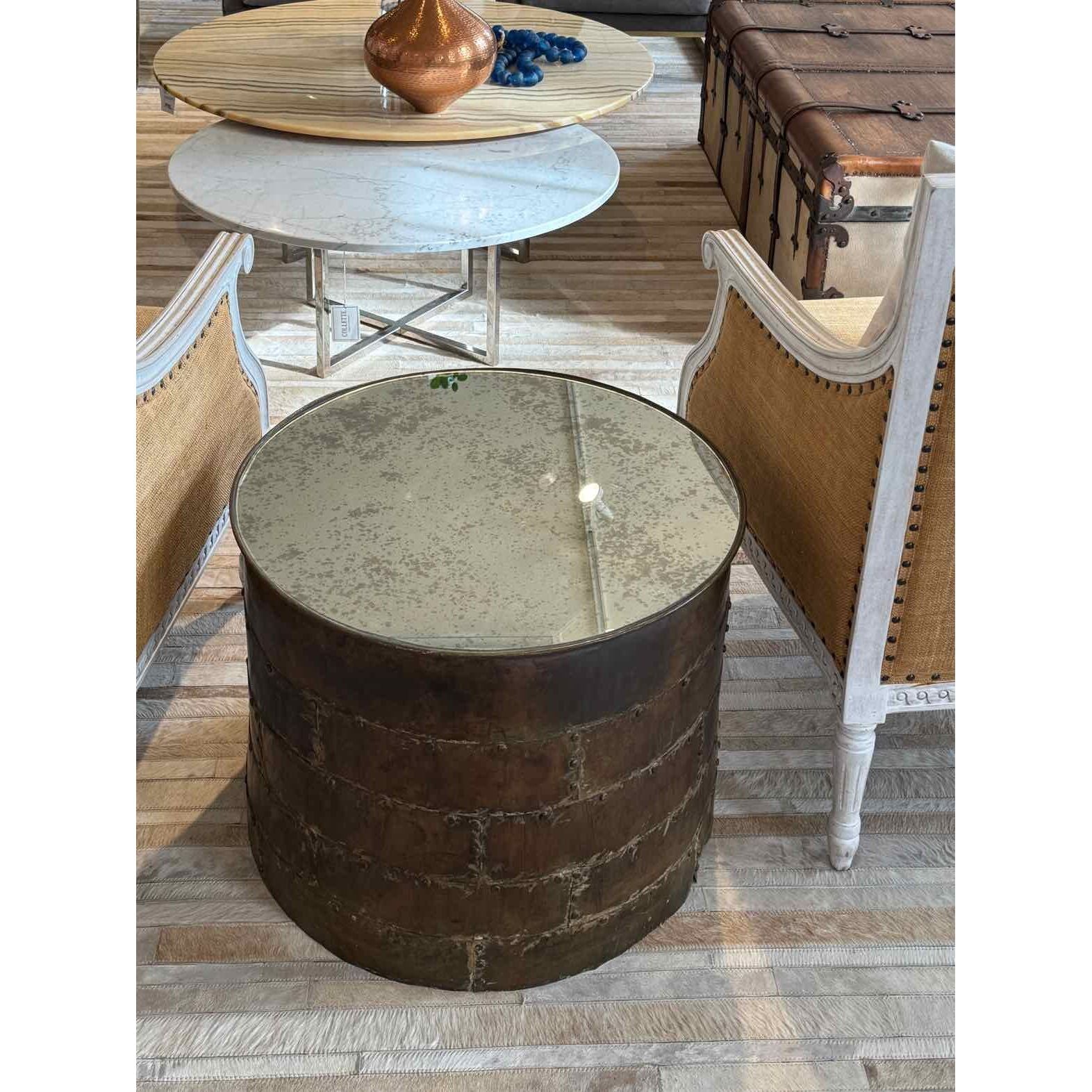 Vintage Metal Drum Coffee Table w/ Antiqued Mirror Glass Top - colletteconsignment.com