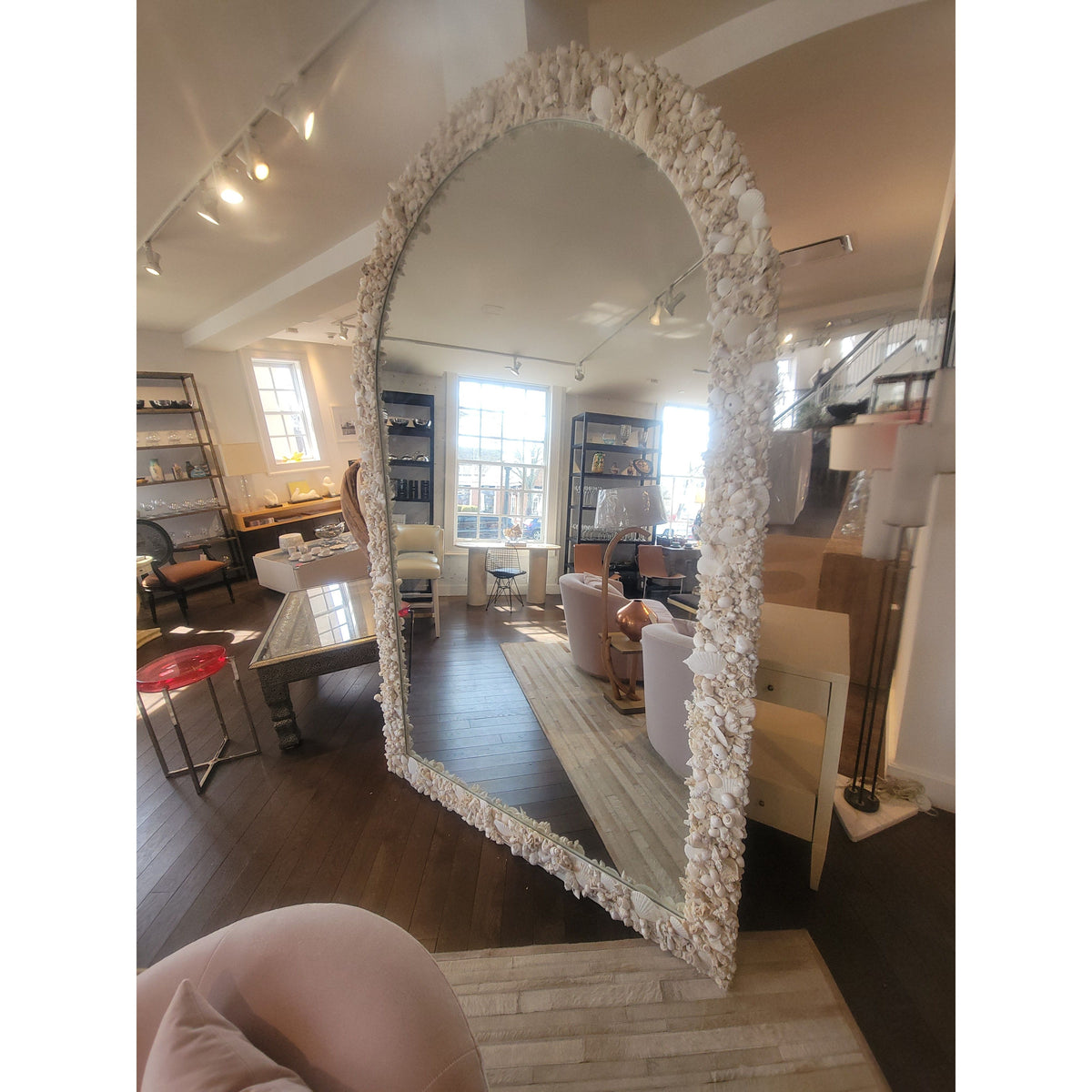 Custom 8-ft Arched Standing Mirror Lined w/ Bahamas Shells (AS IS) - colletteconsignment.com