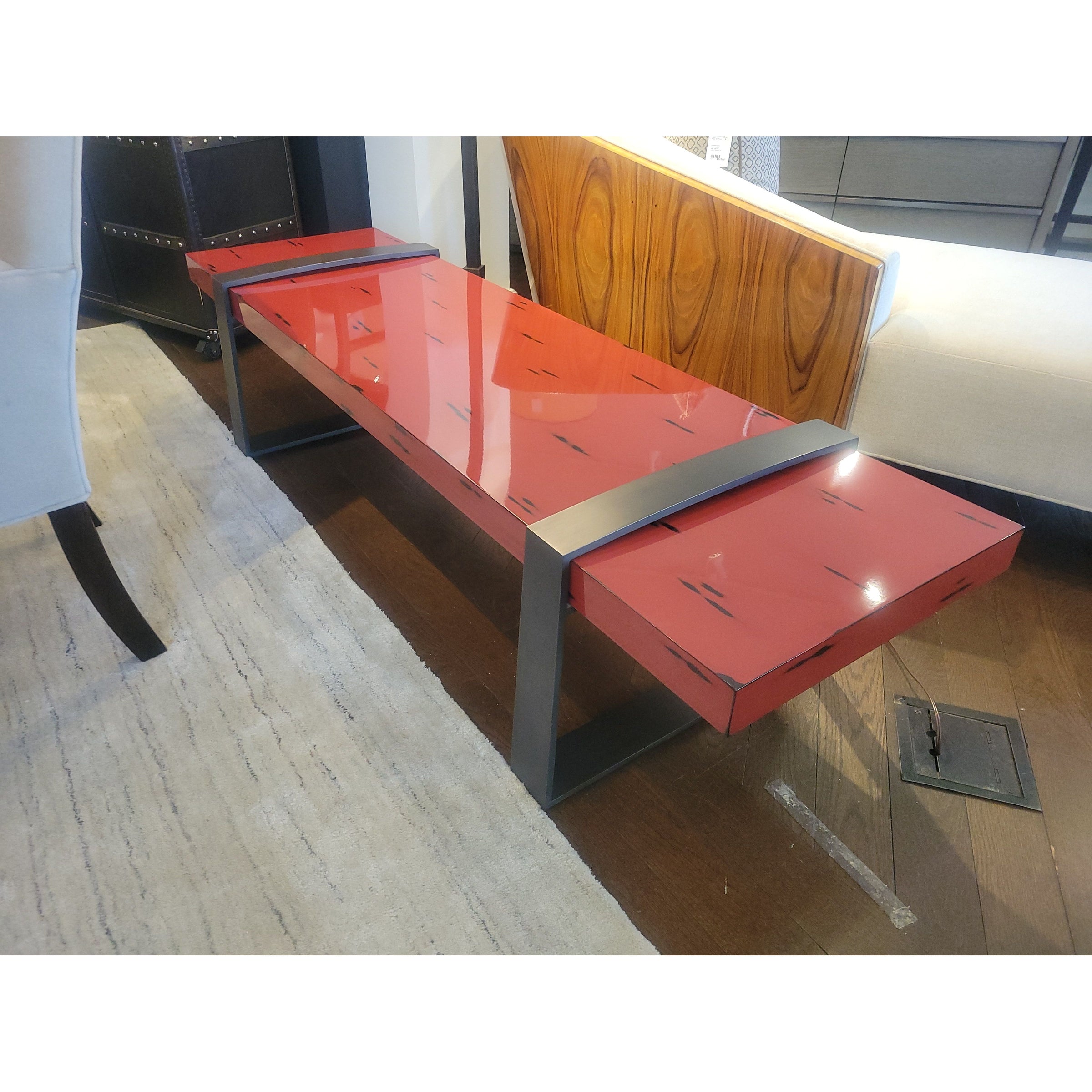 Custom Red Lacquer Orlean Bench w/ Solid Brass Strap Legs by Jiun Ho - colletteconsignment.com