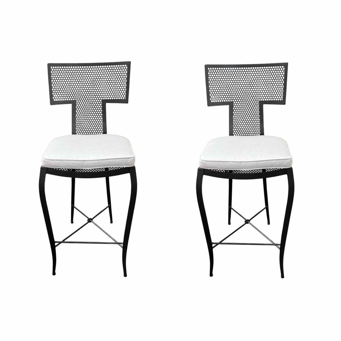 PAIR of 'Hadley' Dark Gray Metal Bar Stools w/ Ivory Cushions by Made Goods
