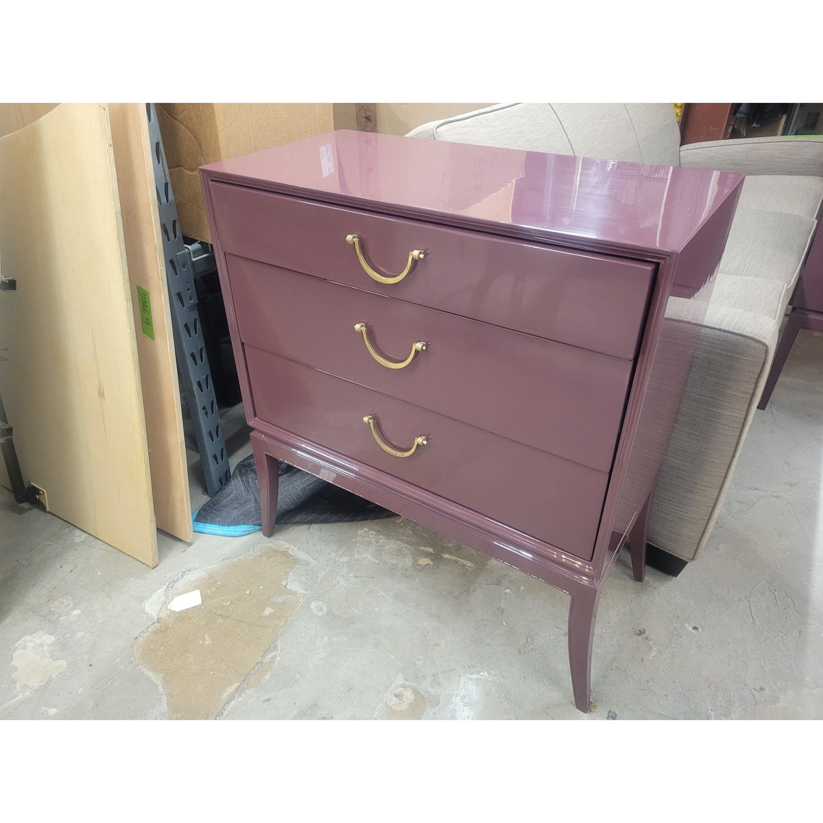 PAIR of MCM Purple Lacquered Teak 3-Drawer Chests w/ Brass Pulls by Chelsea