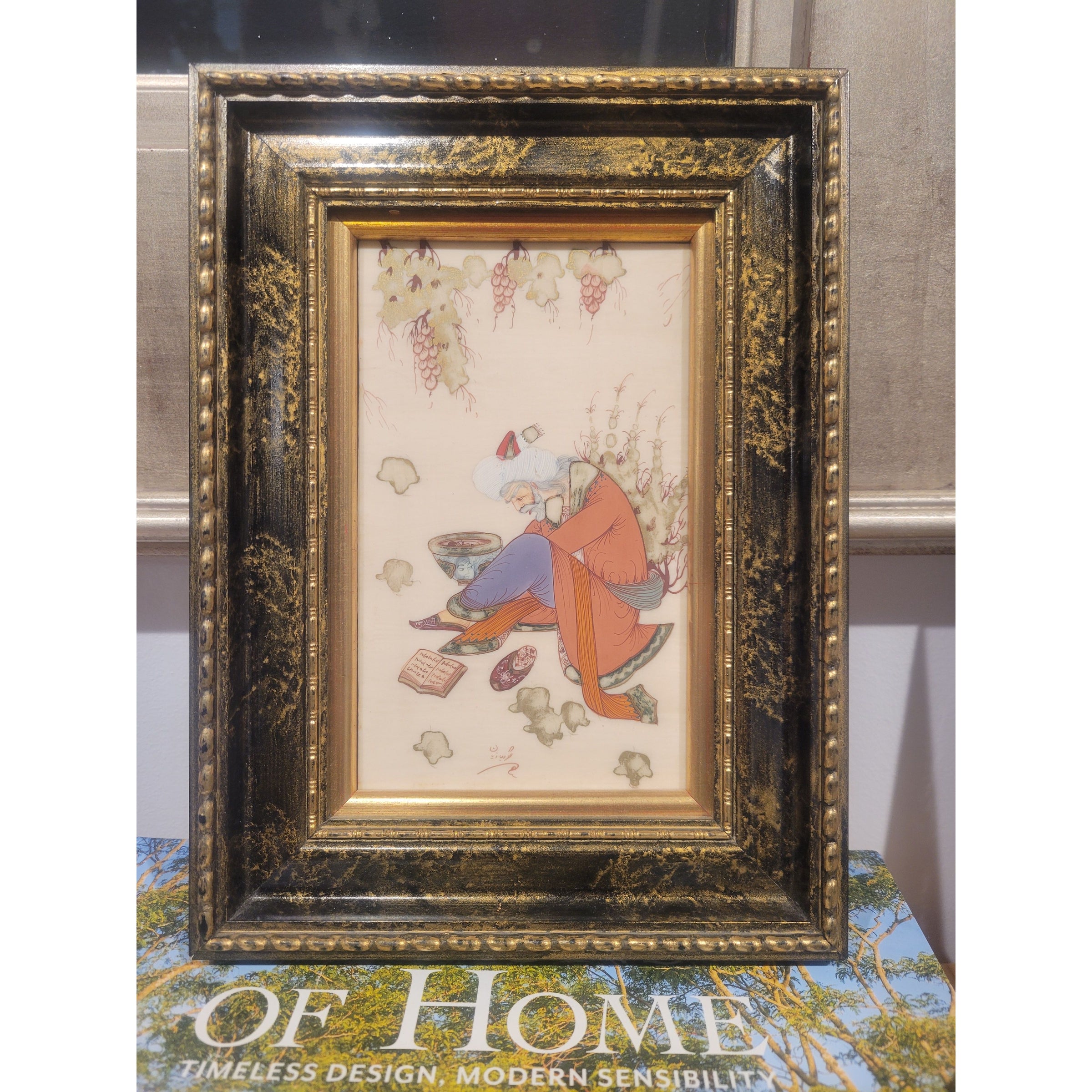 Persian Mini Painting on Bone in Black & Gold Frame