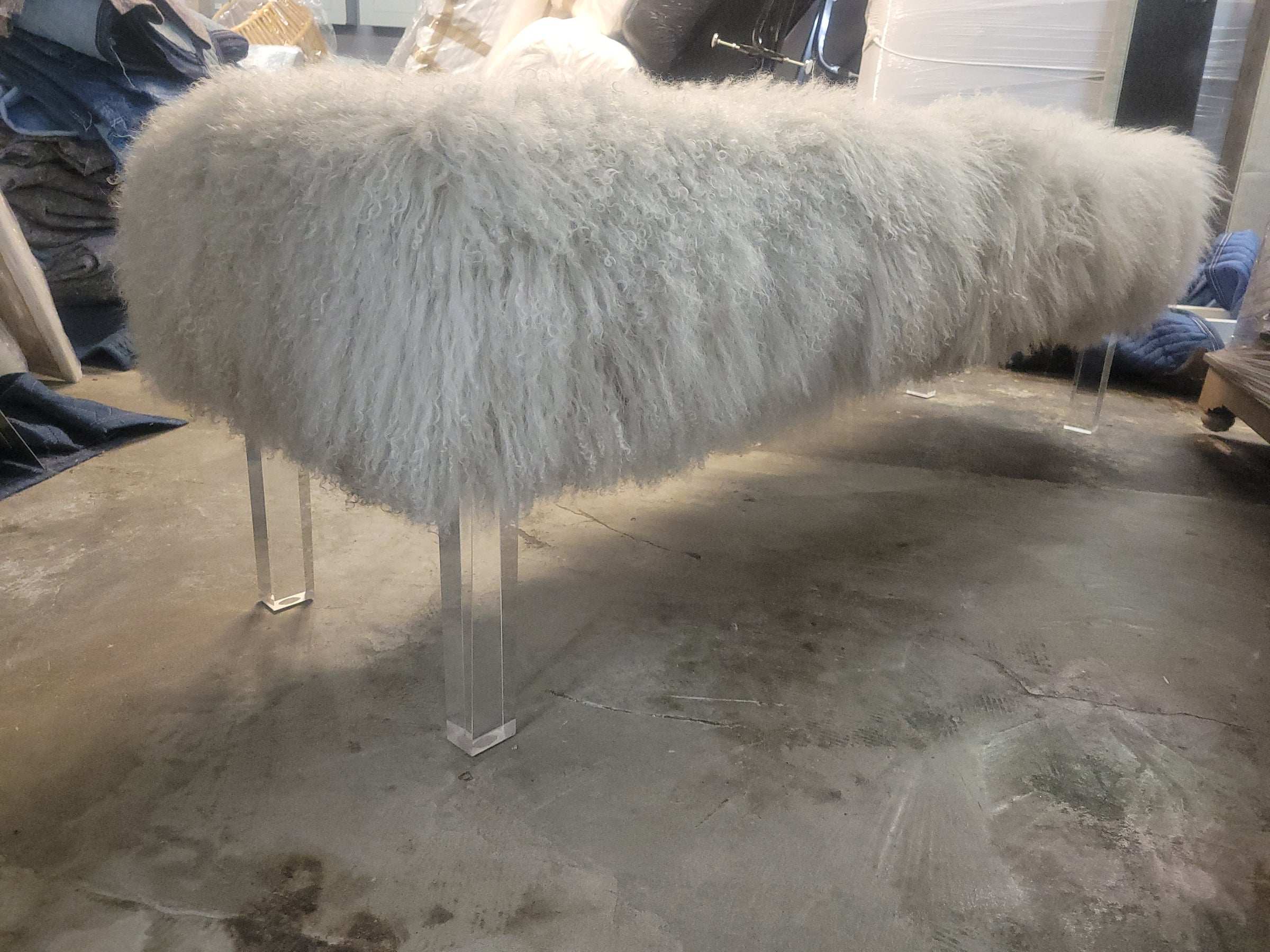 White Tibetan Lamb Bench on Lucite Legs by Outpost Original