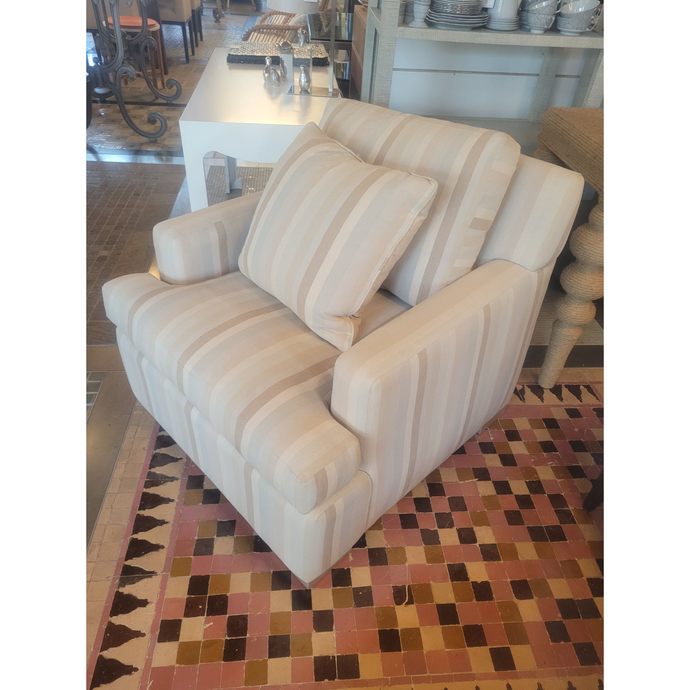 Custom Striped Mint Green & Tan Linen Lounge Chair by Jack Fhillips