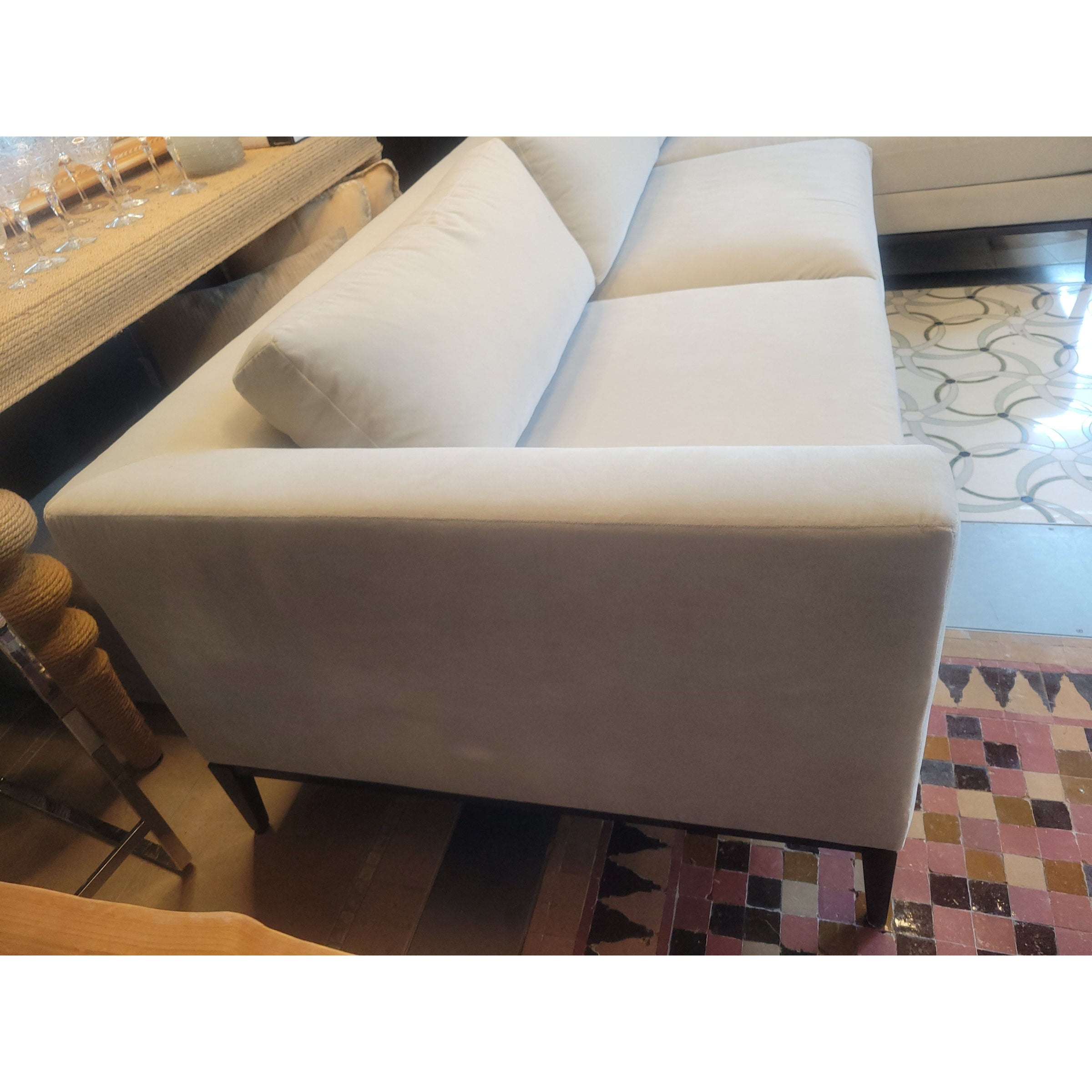 Italia Taper Arm Perf. Velvet Chaise Sofa on Burnished Bronze Base by RH