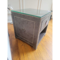 Gray Suede Square Side Table w/ Nailheads & Glass Top by Jonathan Adler
