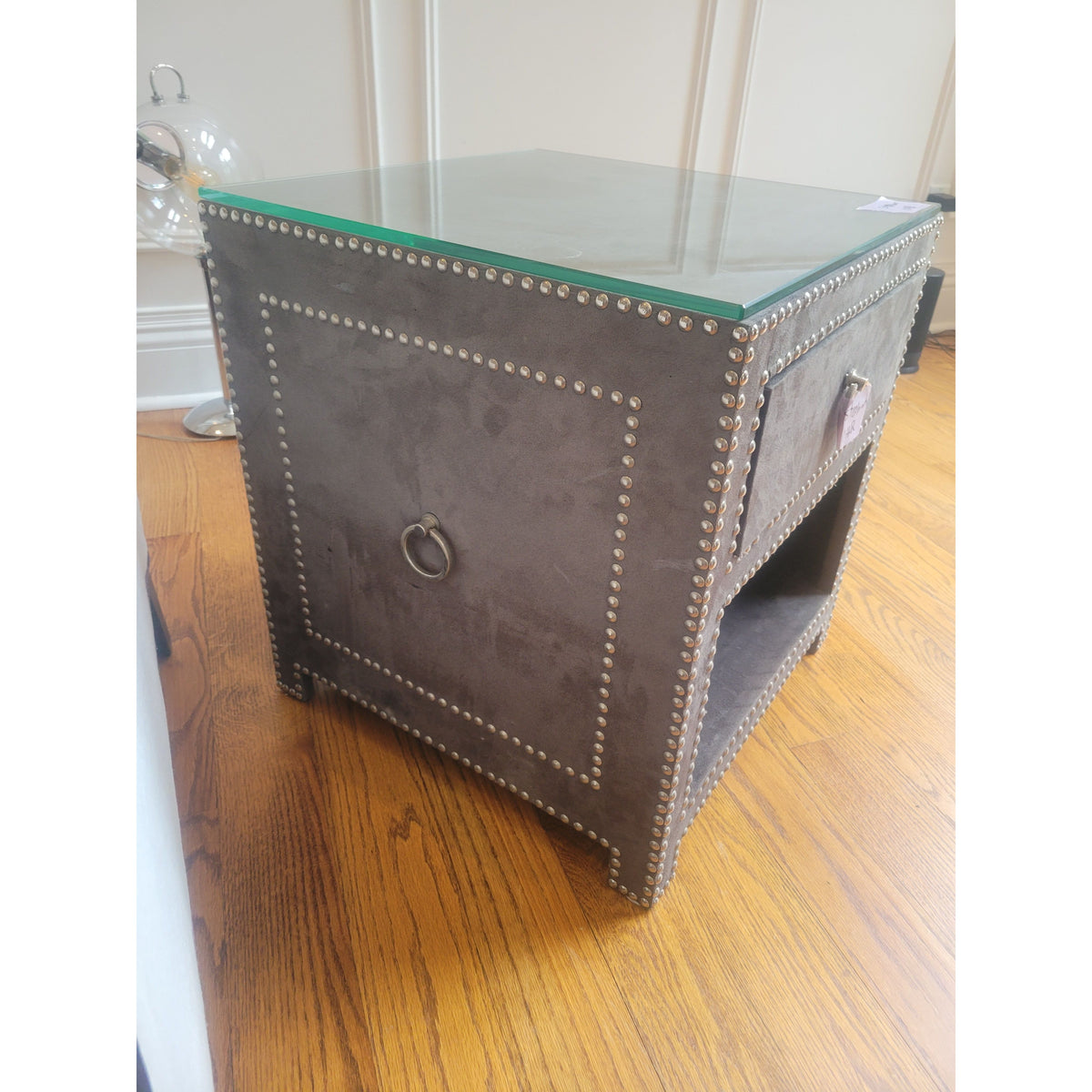 Gray Suede Square Side Table w/ Nailheads & Glass Top by Jonathan Adler