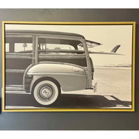 B&W Beach Car Photograph on Canvas in Floating Wood Frame