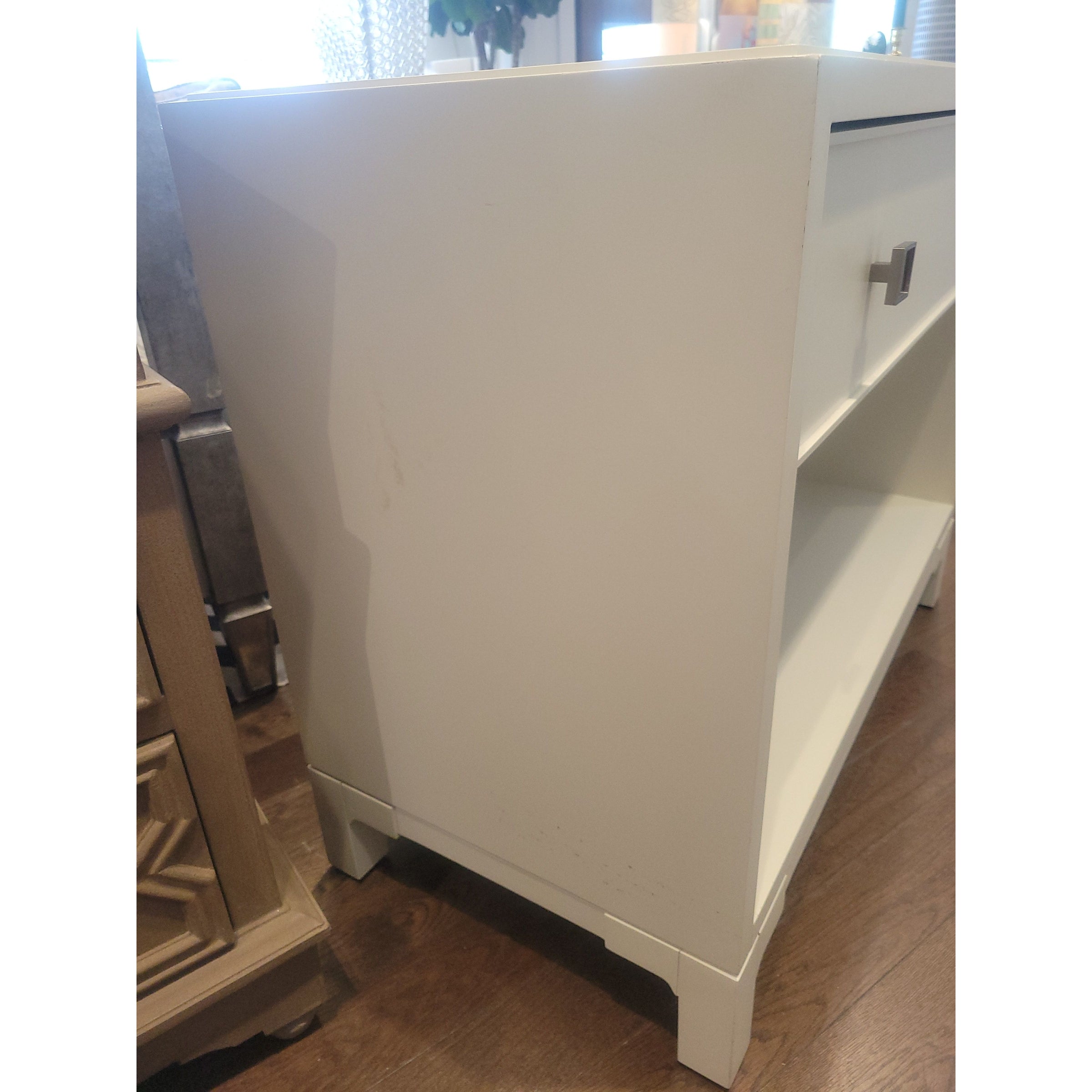 PAIR of 1-Drawer Matte White Lacquer Nightstands w/ Metal Pulls (AS IS)