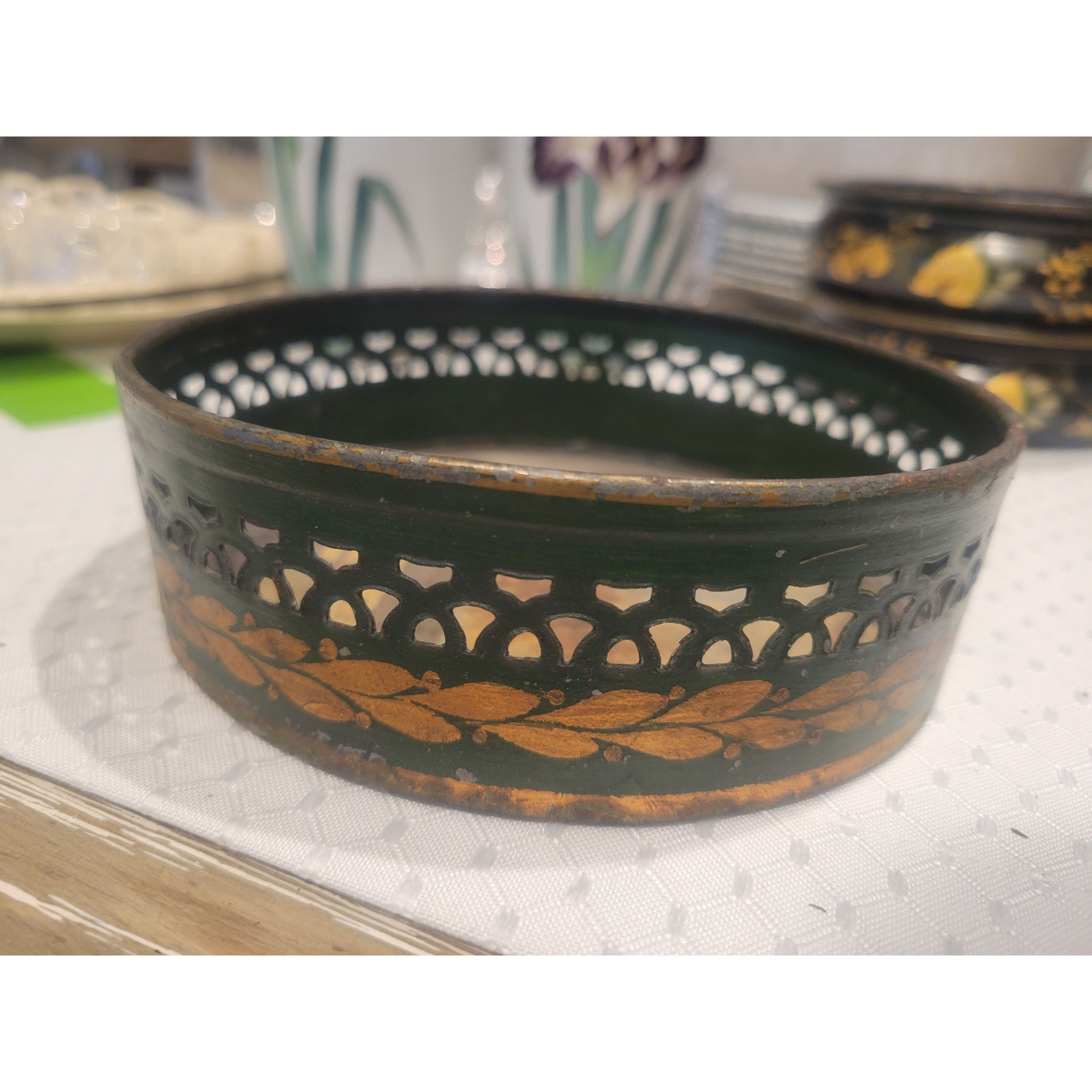 Painted Metal Wine Coaster w/ Coastal Scene Circa 19th C. - colletteconsignment.com