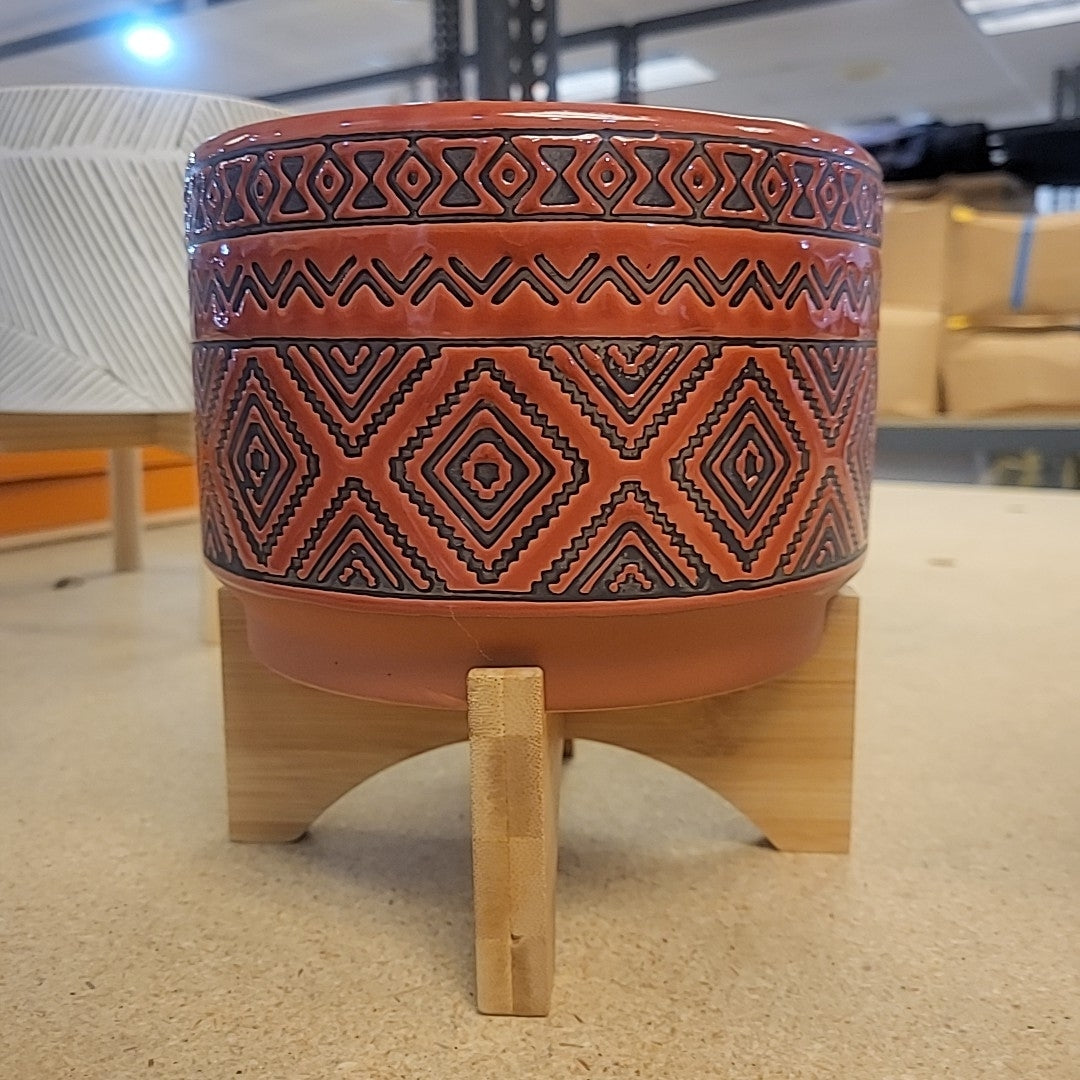 Matte Red & Gray Ceramic Bowl w/ 4-Legged Wood Stand