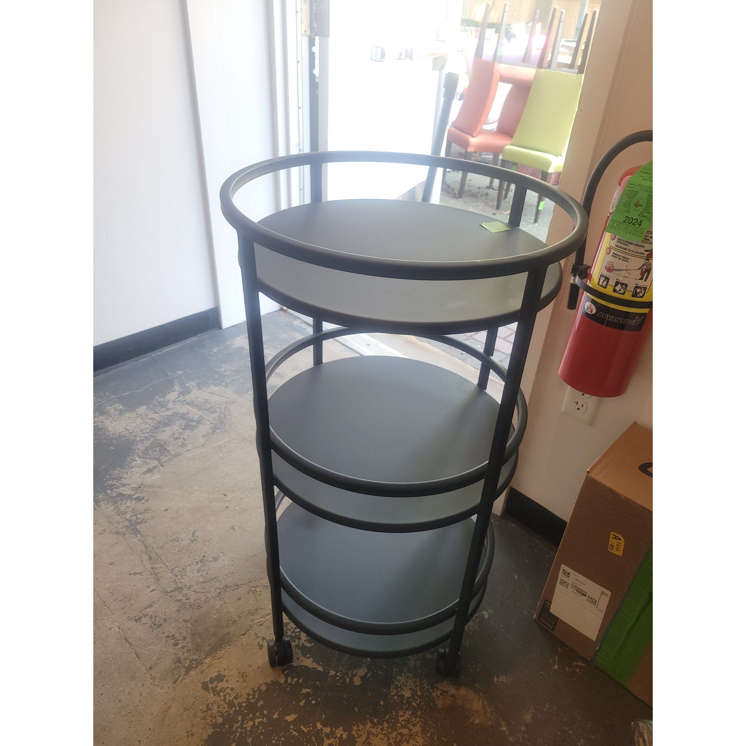 Round 3-Tier Matte Black Metal Rolling Bar Cart