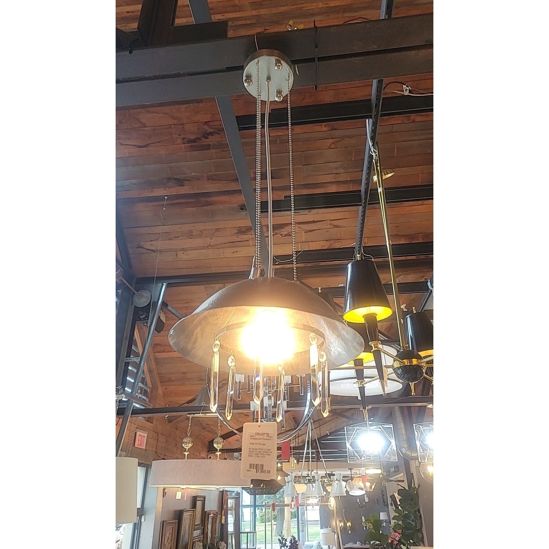 Art Nouveau Nickel & Crystal Pendant by Josef Hoffmann for WOKA Lamps Vienna