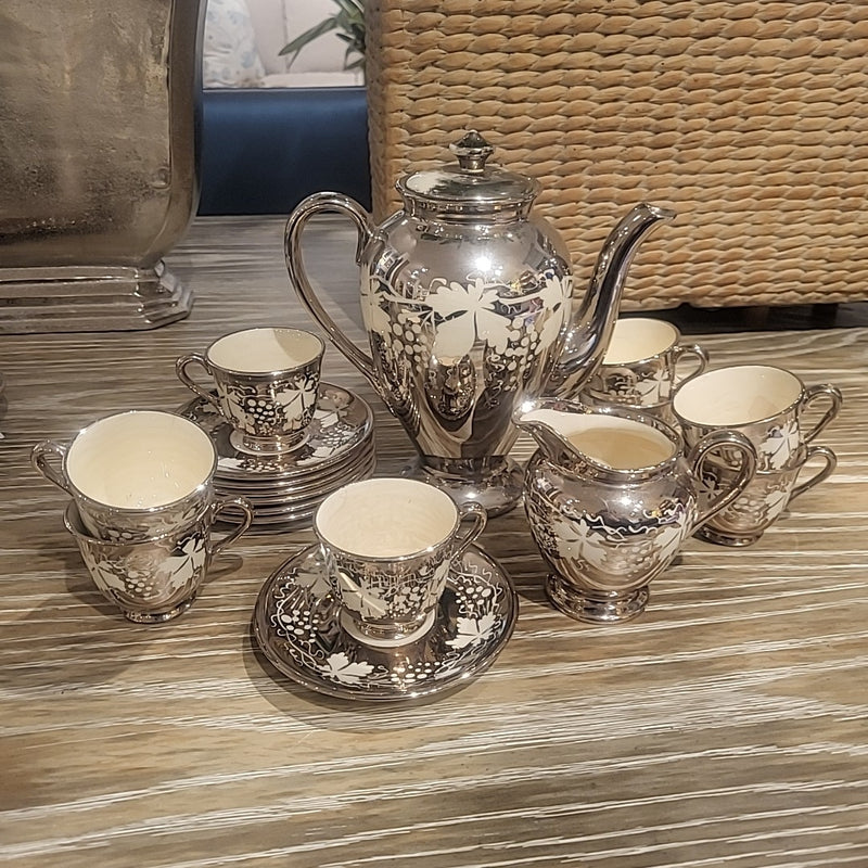 Luster Tea Set 18-Pc Silver Luster & Porcelain Tea or Coffee Set w/ White Grape Design ...
