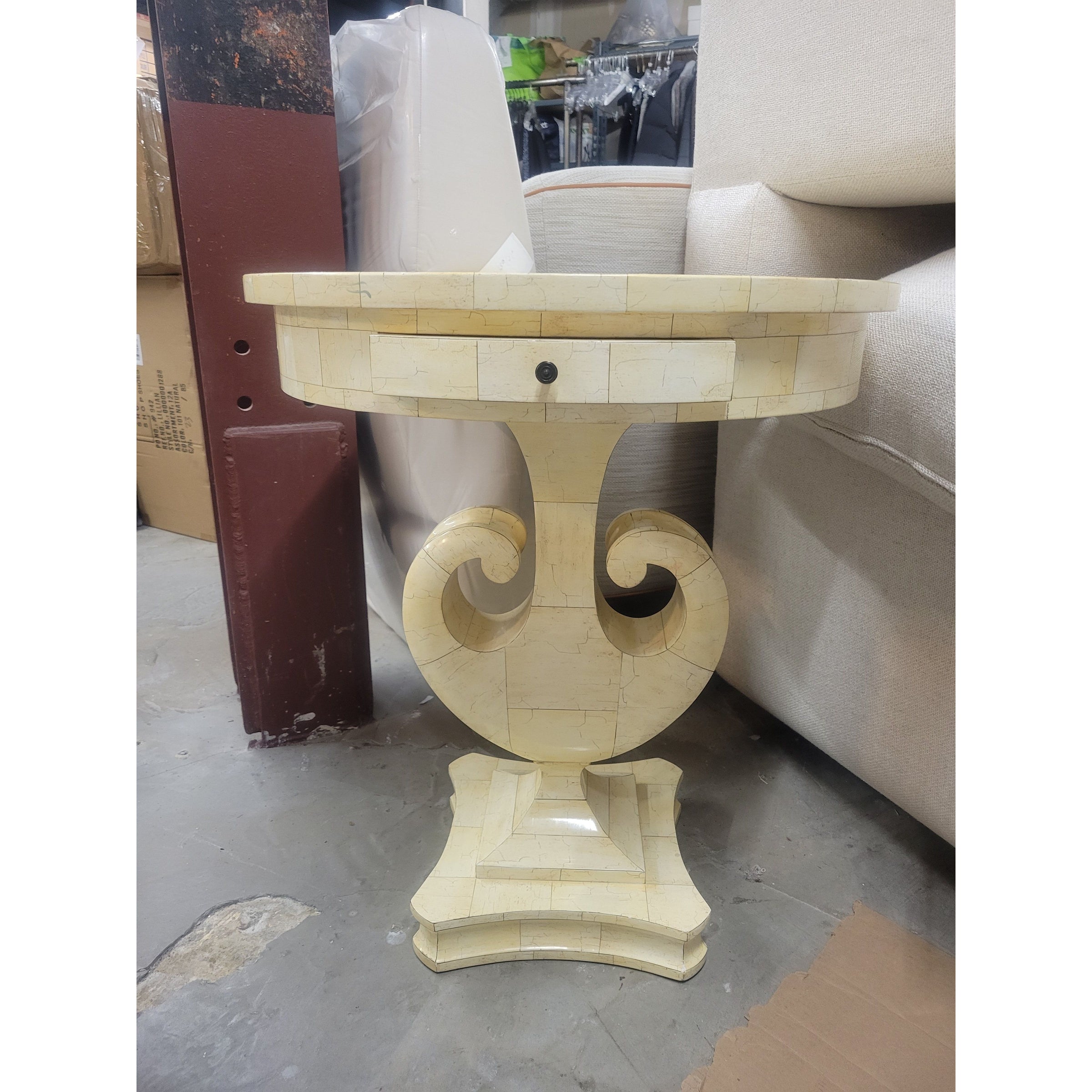 Faux Ivory Inlay Round Side Table w/ Drawer