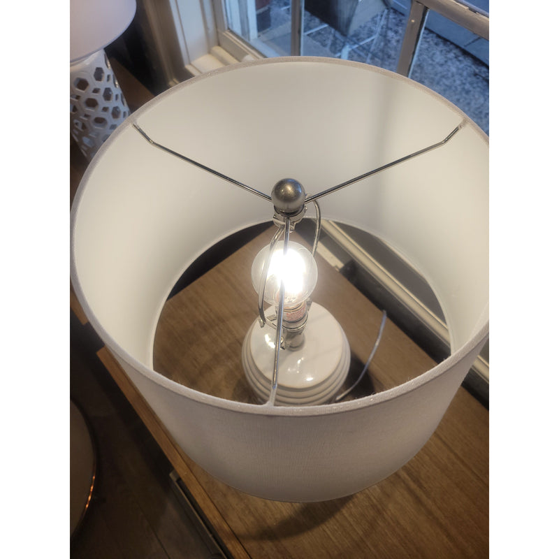 PAIR of White Ceramic Hexagonal Cutout Table Lamps w/ White Shades