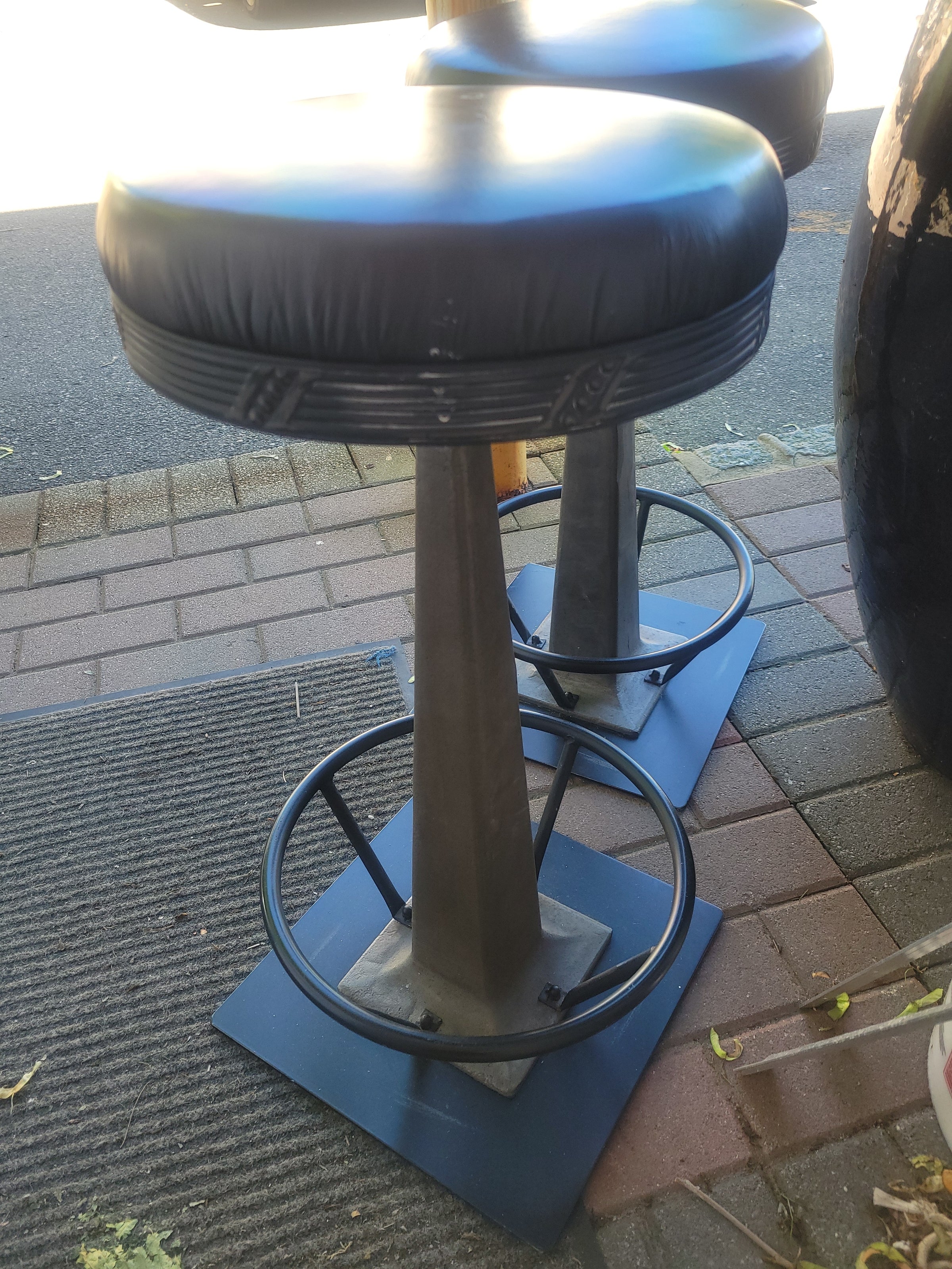 PAIR of Cast Iron Swivel Counter Stools w/ Black Leather Seats