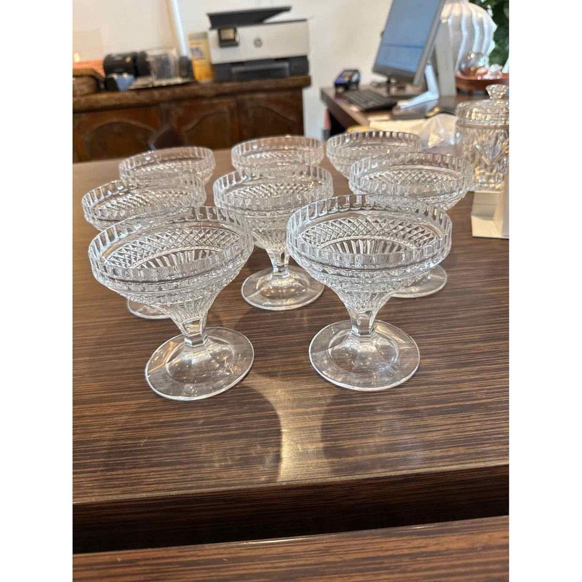 Set of Eight Vintage Cut Glass Coupes, 4" H x 4.5"Dia - colletteconsignment.com