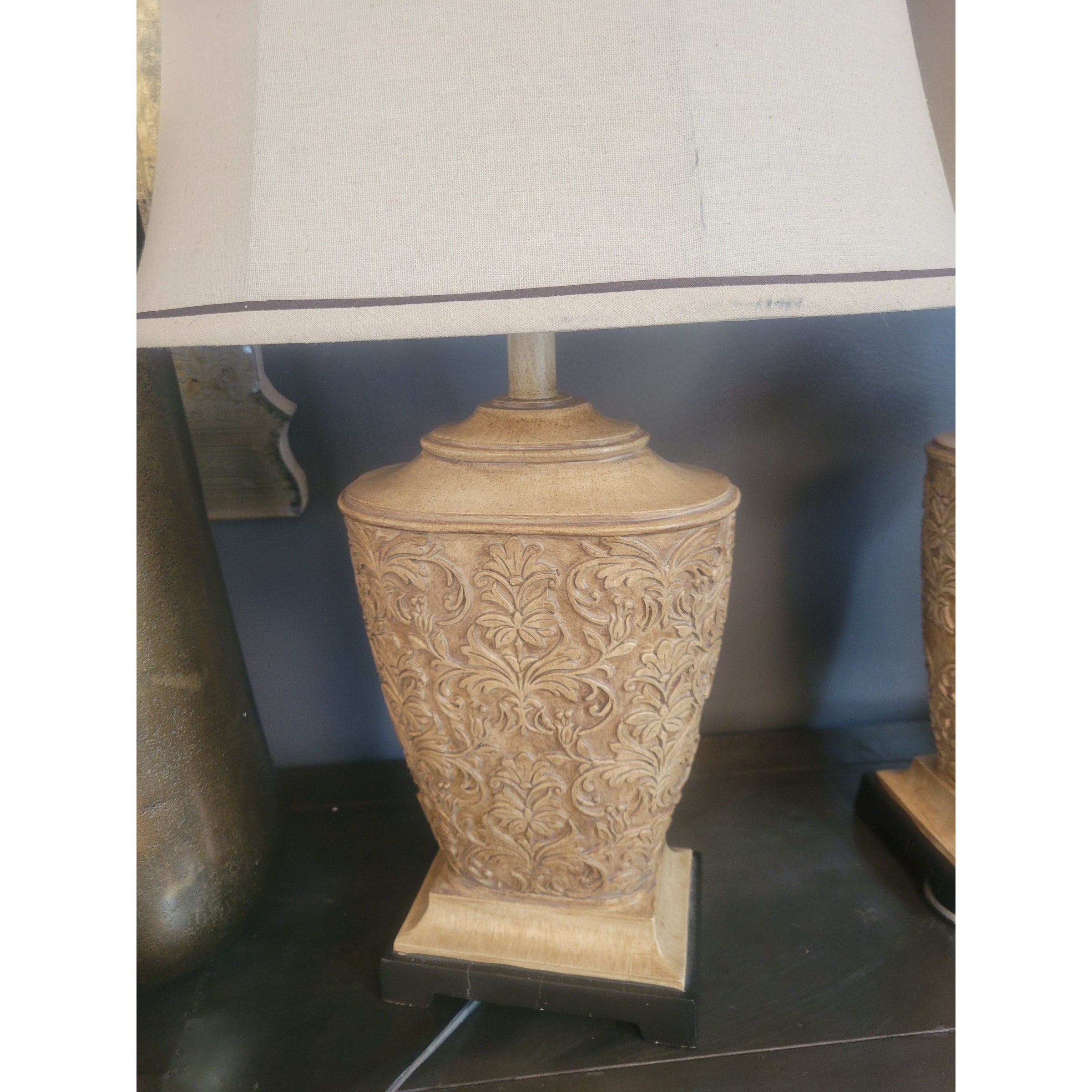 PAIR of Ornate Resin Table Lamps w/ Linen Shades (AS IS)