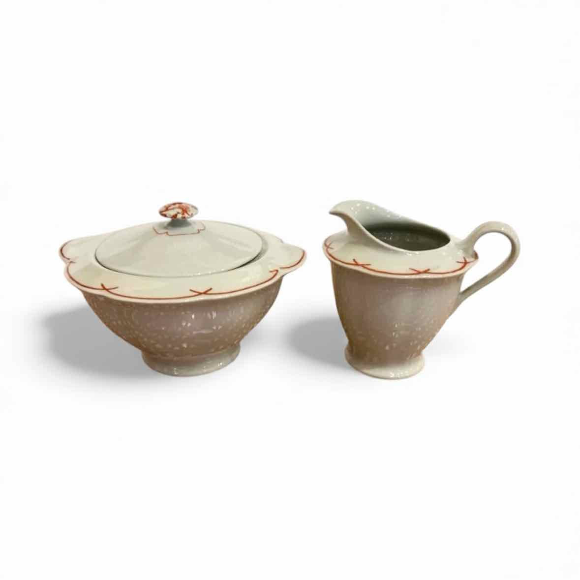 AntiqFrench Limoges Creamer & Sugar Celadon w/ Orange Design, 11"L x 5"W x 4.25H