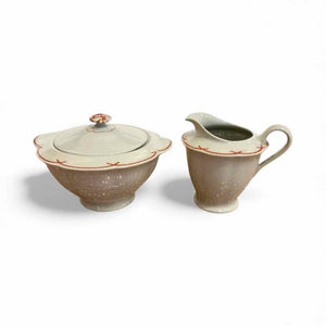 AntiqFrench Limoges Creamer & Sugar Celadon w/ Orange Design, 11"L x 5"W x 4.25H