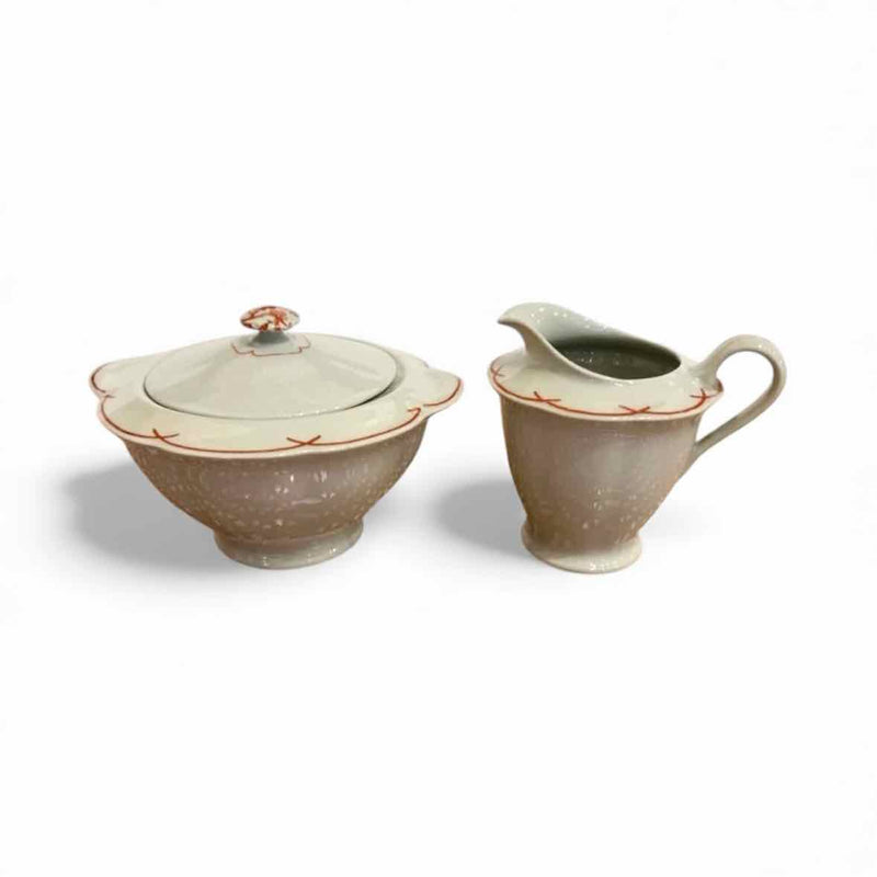 AntiqFrench Limoges Creamer & Sugar Celadon w/ Orange Design, 11"L x 5"W x 4.25H - colletteconsignment.com