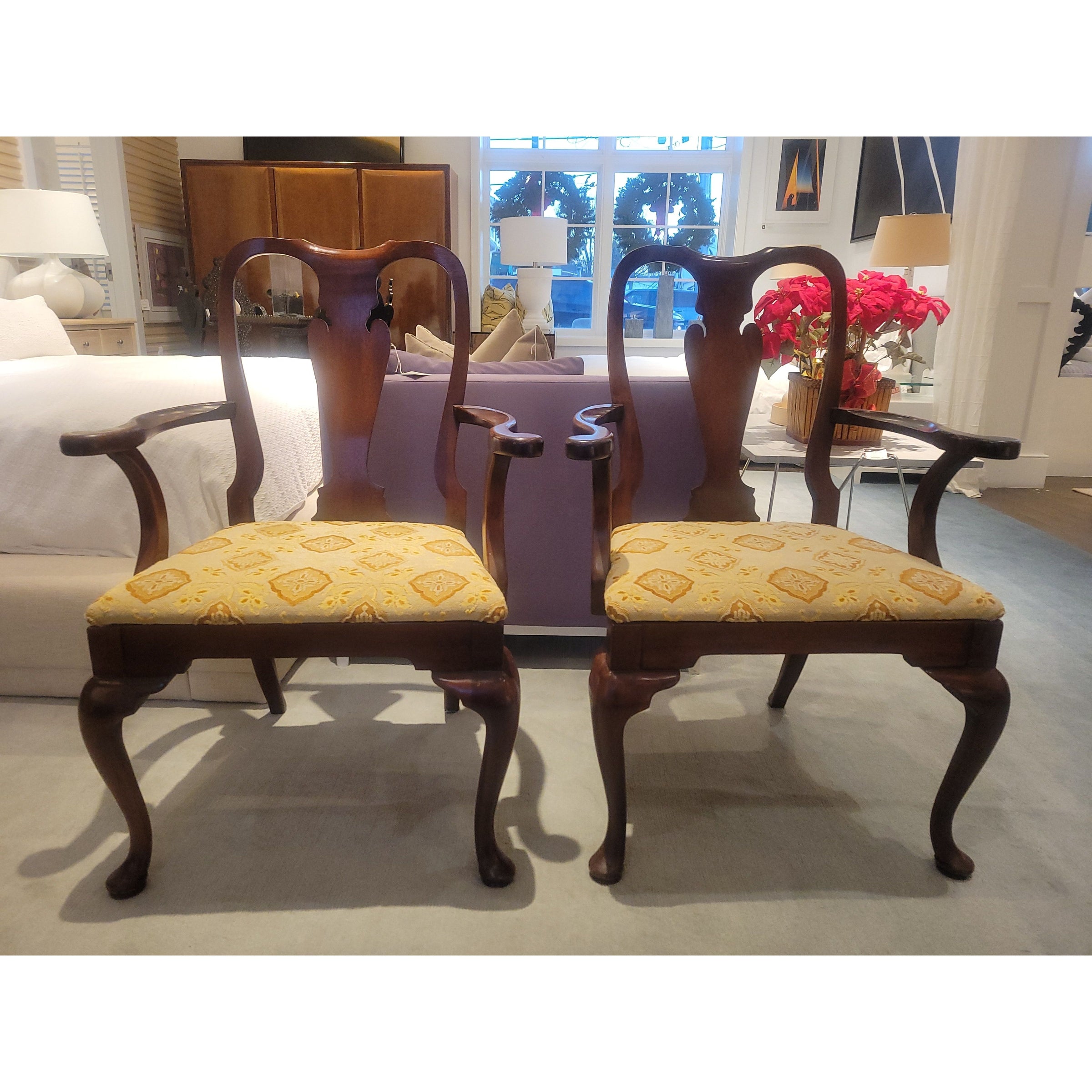 PAIR of Antique Mahogany Queen Anne Chairs w/ Upholstered Seats