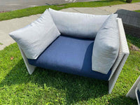 PAIR of White Wicker Slimline Lounge Chairs w/ Navy Cushions by Dedon