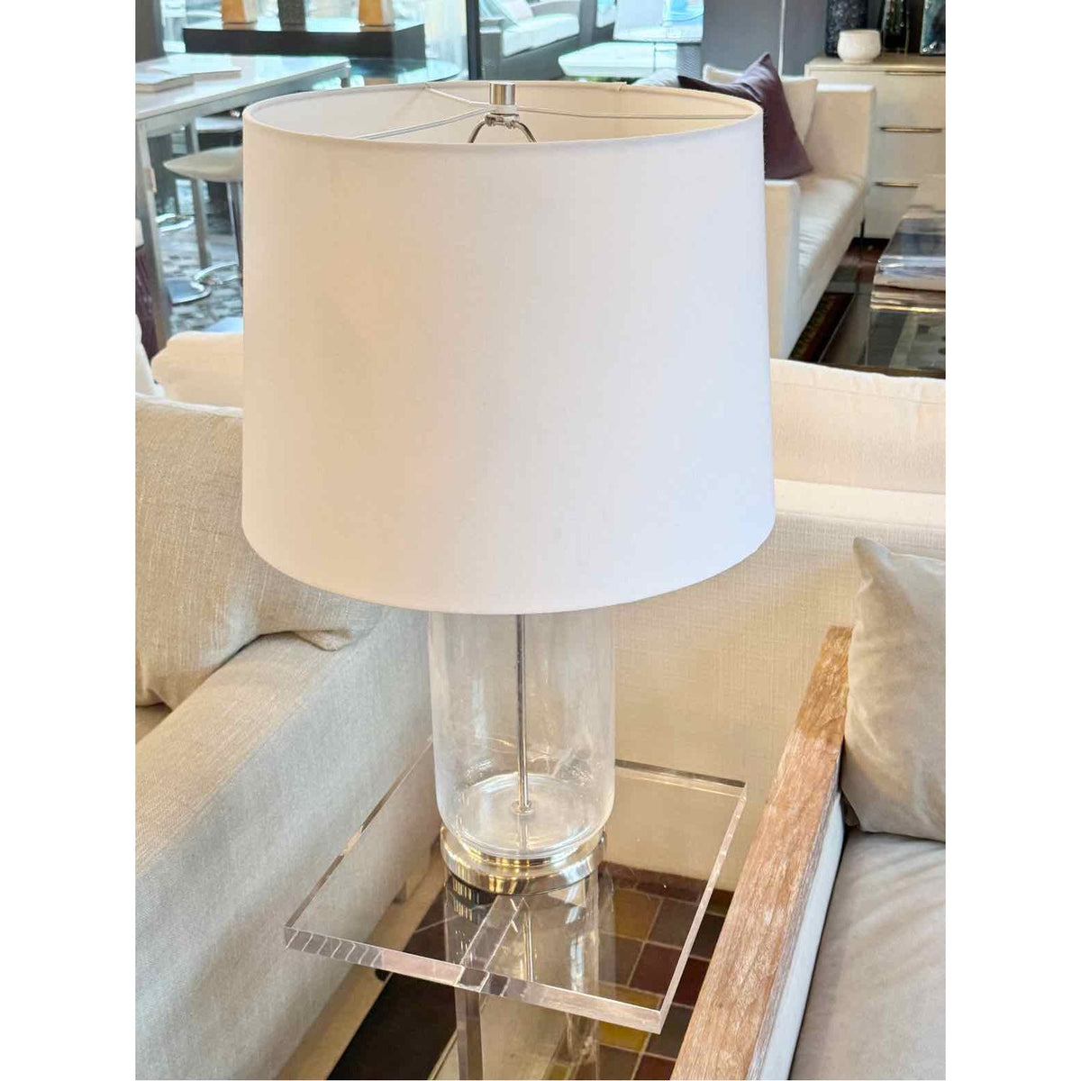 PAIR of Chrome & Glass Cylinder Table Lamps w/ White Shades