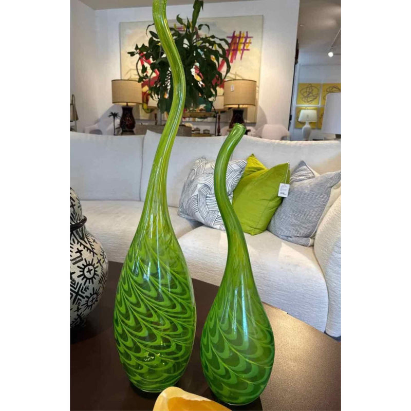 Pair of Hand-Blown Art Glass Vases with/ a Twisted Neck & Green Swirl Pattern